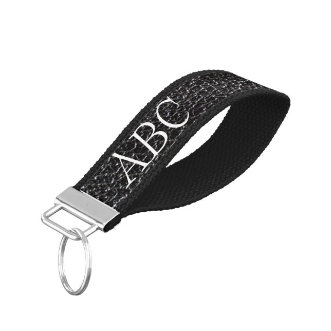 Monogram Black leather look wrist keychain (Angled Down)