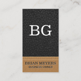 Monogram Black Leather Stitched Business Card