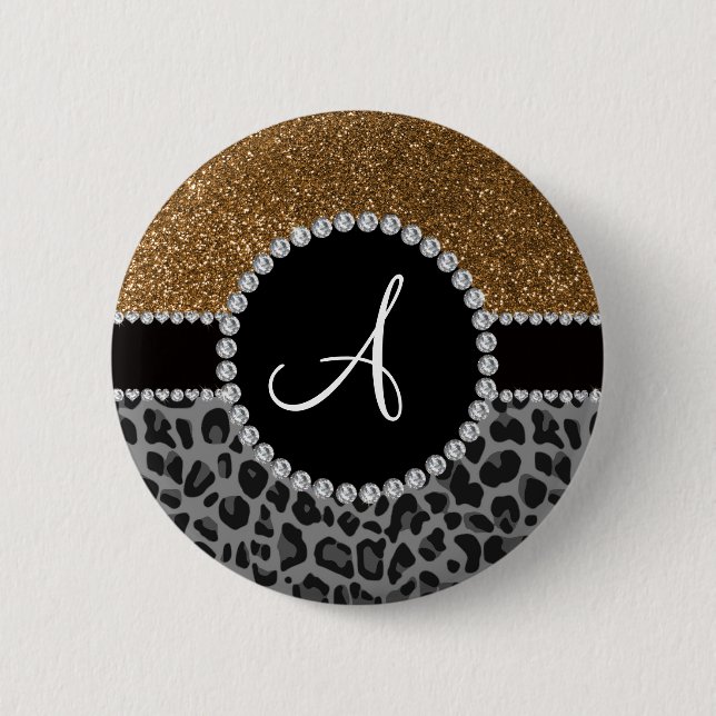 Monogram black leopard gold glitter button (Front)