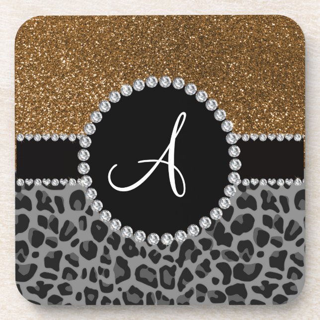 Monogram black leopard gold glitter coaster (Front)