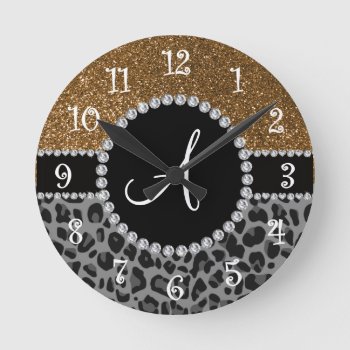 Monogram Black Leopard Gold Glitter Round Clock by Brothergravydesigns at Zazzle