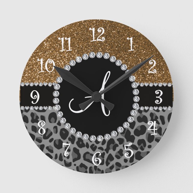 Monogram black leopard gold glitter round clock (Front)