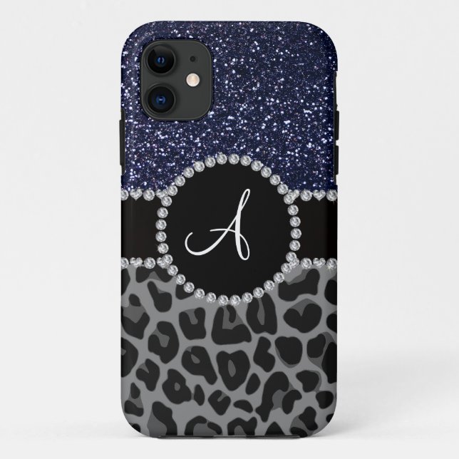 Monogram black leopard navy blue glitter Case-Mate iPhone case (Back)