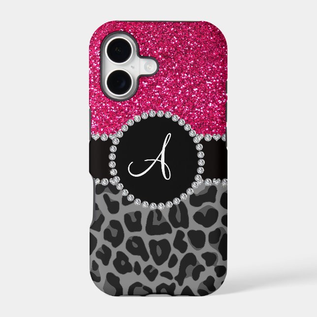 Monogram black leopard pink glitter iphone case (Back)