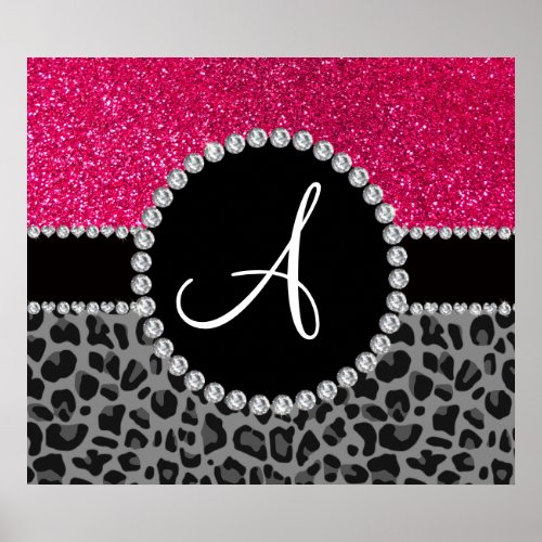 Monogram black leopard pink glitter poster