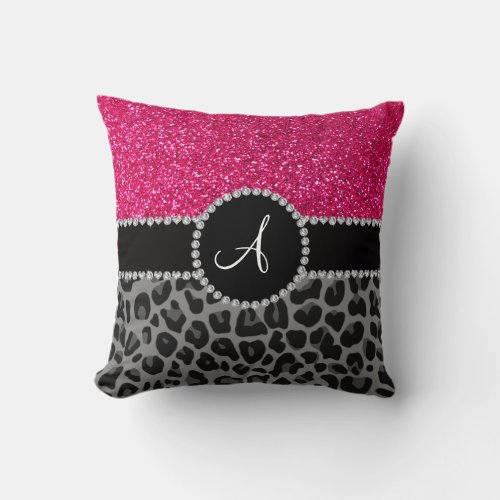 Monogram black leopard pink glitter throw pillow