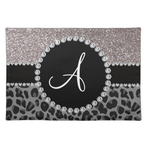 Monogram black leopard silver glitter cloth placemat