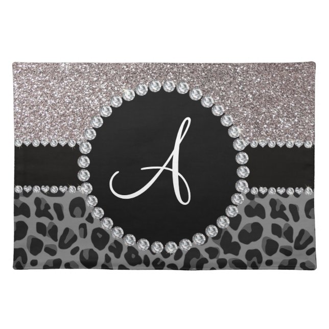 Monogram black leopard silver glitter cloth placemat (Front)