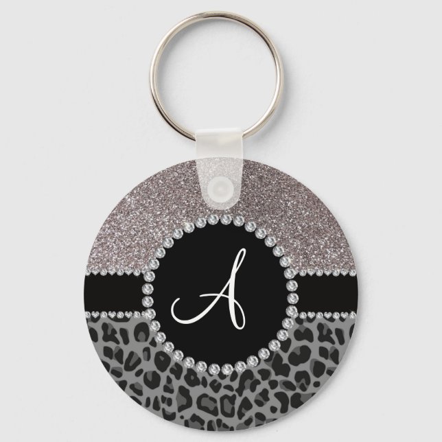 Monogram black leopard silver glitter keychain (Front)