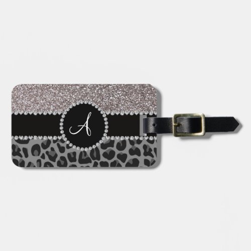 Monogram black leopard silver glitter luggage tag