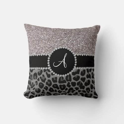 Monogram black leopard silver glitter throw pillow