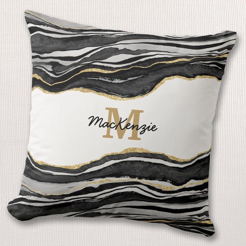 Monogram Black Marble Agate Gold Glitter Throw Pillow