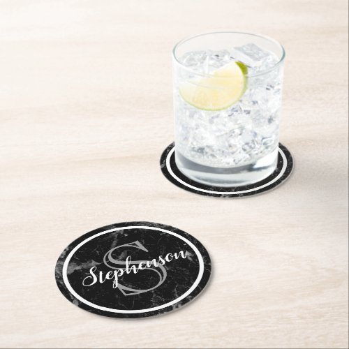 Monogram Black Marble Look Round Paper Coaster