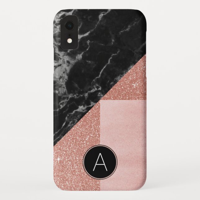 Monogram Black Marble & Rose Gold Glitter Sparkle Case-Mate iPhone Case (Back)