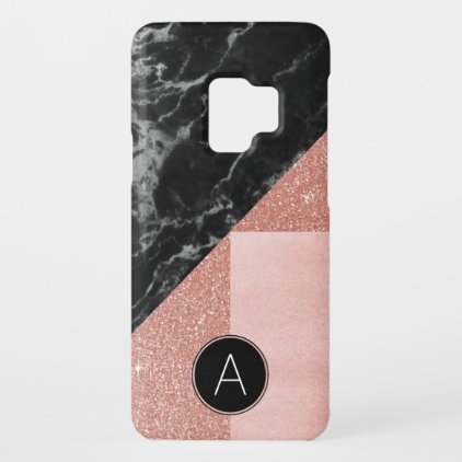 Monogram Black Marble &amp; Rose Gold Glitter Sparkle Case-Mate Samsung Galaxy S9 Case