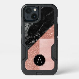 Monogram Black Marble & Rose Gold Glitter Sparkle iPhone 13 Case