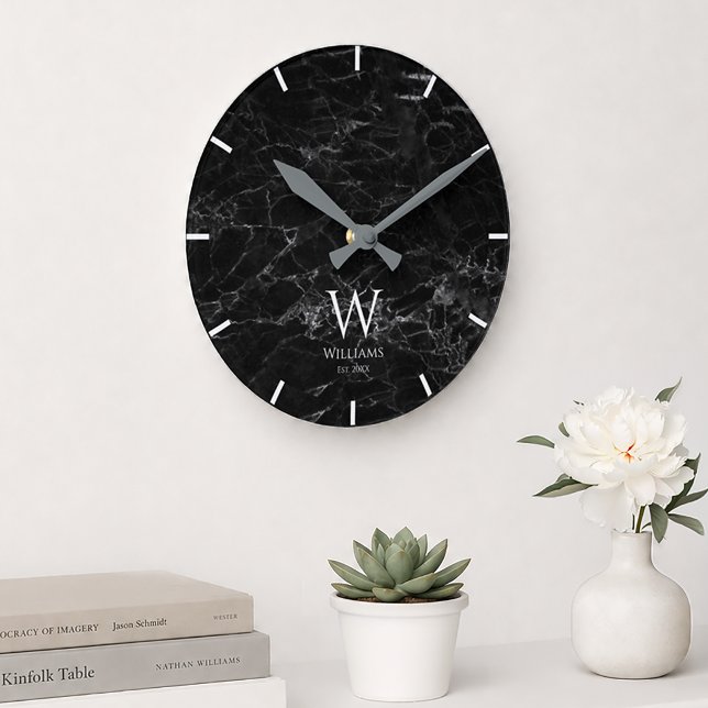 Monogram Black Marble White Initial & Custom Name Round Clock (Creator Uploaded)