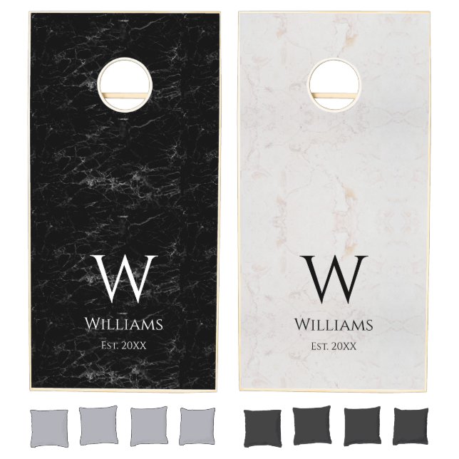 Monogram Black Marble White Marble Elegant Modern Cornhole Set (Set)