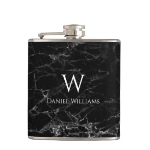 Monogram Black Marble White Name Modern Elegant Flask