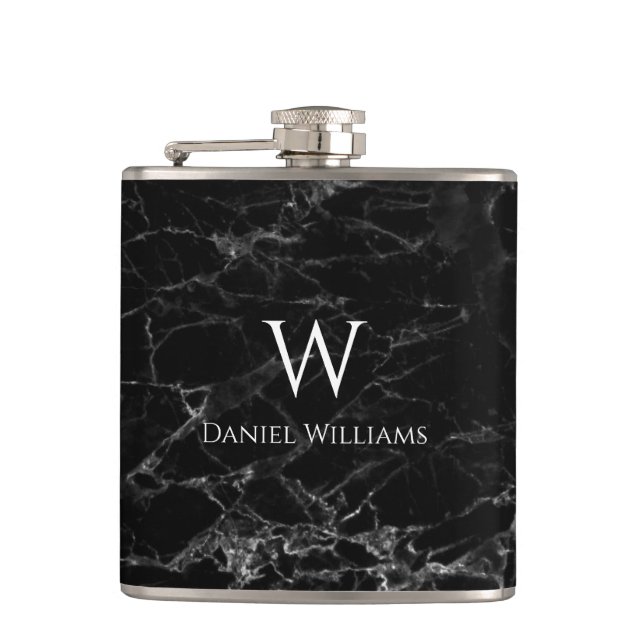 Monogram Black Marble White Name Modern Elegant Flask (Front)