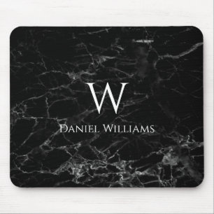 Monogram Black Marble White Name Modern Elegant Mouse Pad