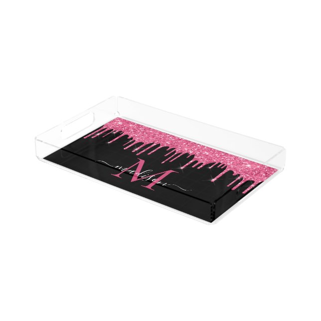 Monogram Black Metallic Hot Pink Dripping Glitter Acrylic Tray (Angled)