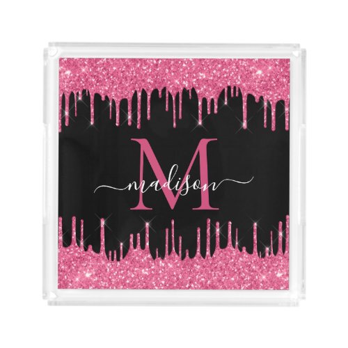 Monogram Black Metallic Hot Pink Dripping Glitter Acrylic Tray