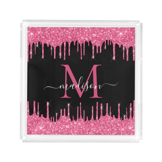 Monogram Black Metallic Hot Pink Dripping Glitter Acrylic Tray (Front)