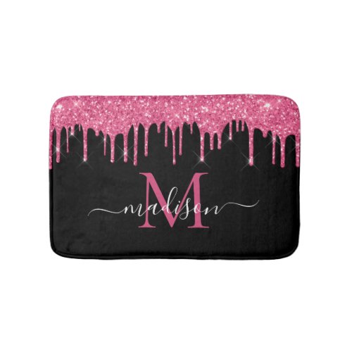 Monogram Black Metallic Hot Pink Dripping Glitter Bath Mat