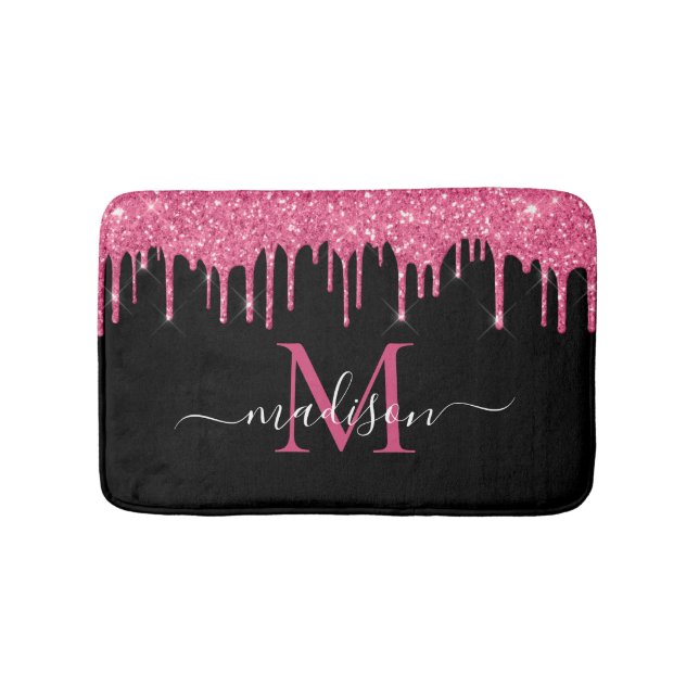 Monogram Black Metallic Hot Pink Dripping Glitter Bath Mat (Front)