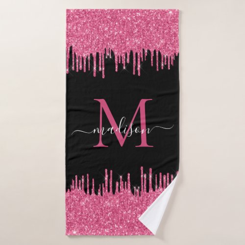 Monogram Black Metallic Hot Pink Dripping Glitter Bath Towel