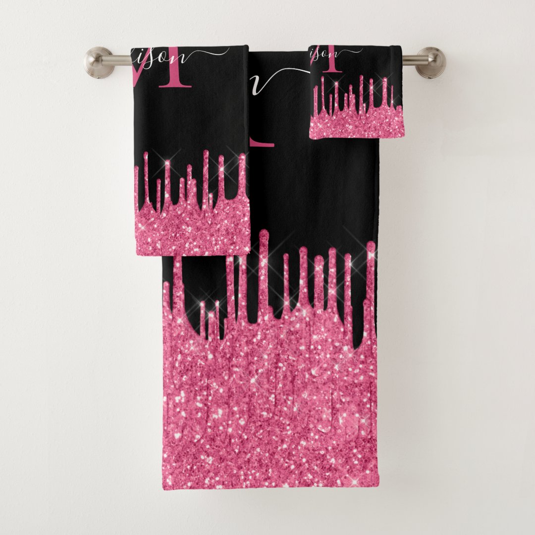 Monogram Black Metallic Hot Pink Dripping Glitter Bath Towel Set Zazzle