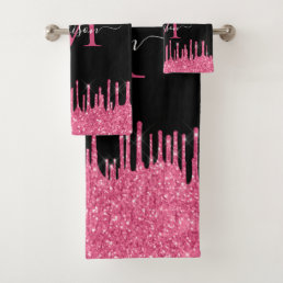 Monogram Black Metallic Hot Pink Dripping Glitter Bath Towel Set