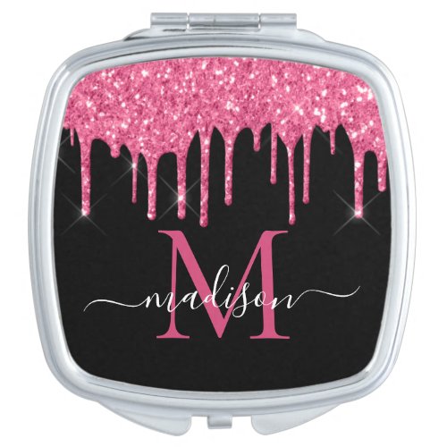 Monogram Black Metallic Hot Pink Dripping Glitter Compact Mirror