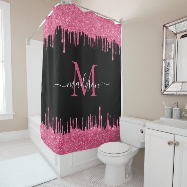 Monogram Black Metallic Hot Pink Dripping Glitter Shower Curtain (In Situ)