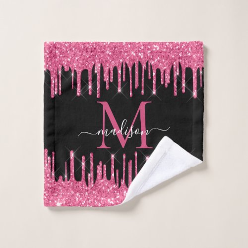 Monogram Black Metallic Hot Pink Dripping Glitter Wash Cloth