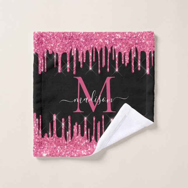 Monogram Black Metallic Hot Pink Dripping Glitter Wash Cloth (Wash Cloth)