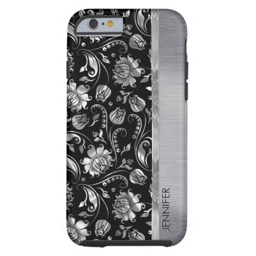 Monogram Black  Metallic Silver Floral Damasks Tough iPhone 6 Case