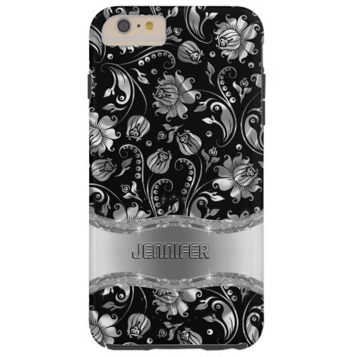 Monogram Black  Metallic Silver Floral Damasks Tough iPhone 6 Plus Case