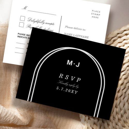 Monogram Black Minimalist Arch RSVP Meals Wedding Postcard