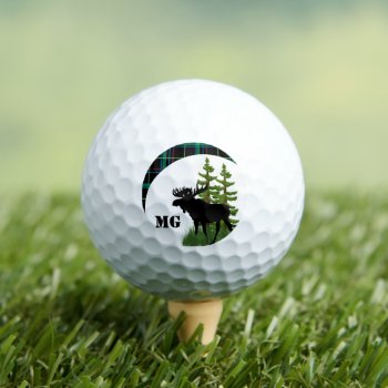 Monogram Black Moose Silhouette With Green Plaid  Golf Balls by Susang6 at Zazzle