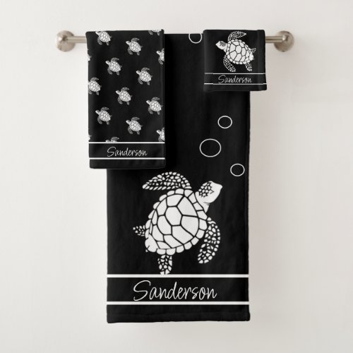 Monogram Black n White Sea Turtle Nautical Bath Towel Set