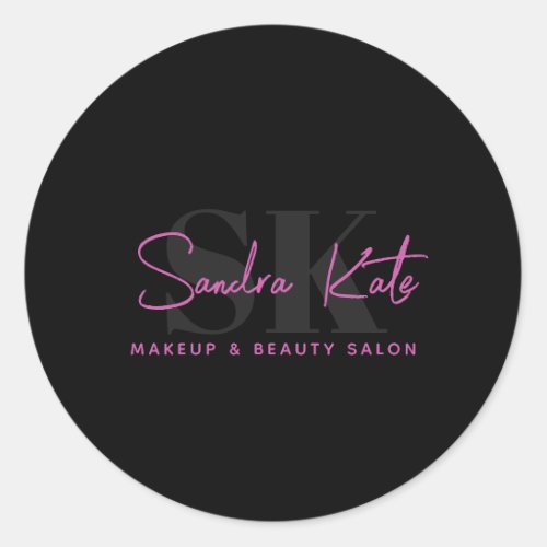 Monogram Black Neon Pink Beauty Salon Custom Logo Classic Round Sticker