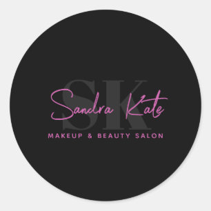 Monogram Black Neon Pink Beauty Salon Custom Logo Classic Round Sticker