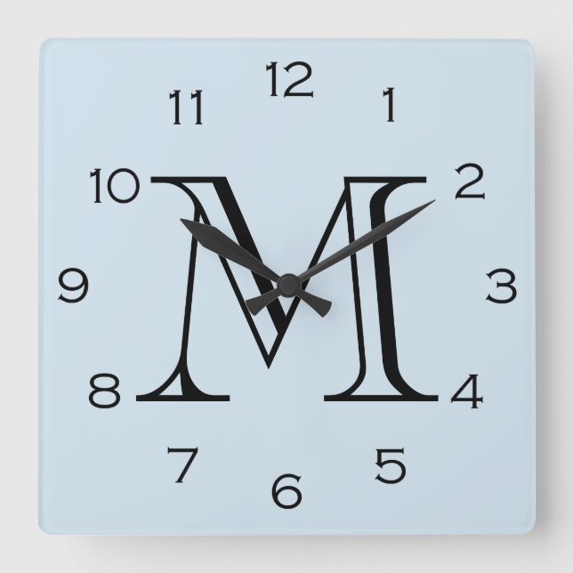 Monogram Black Numbers On Light Blue wccnt Square Wall Clock (Front)