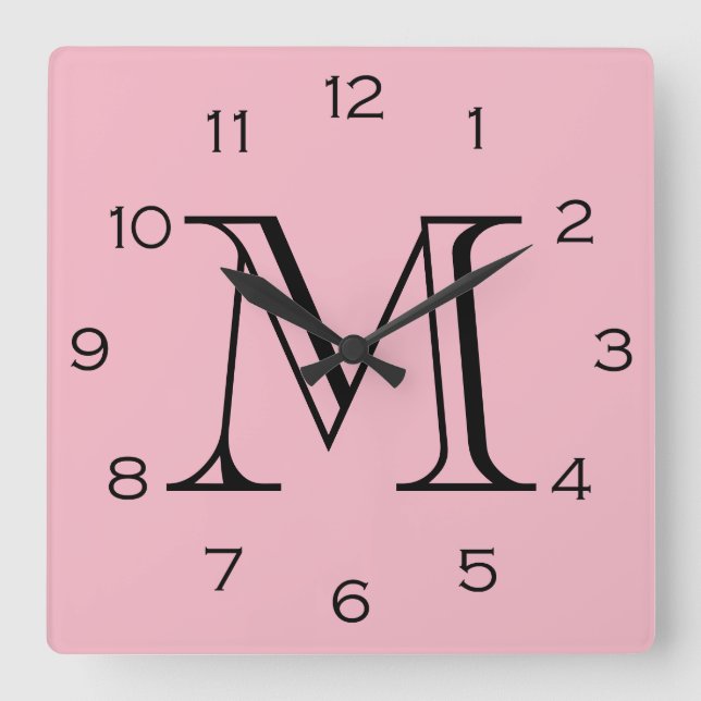 Monogram Black Numbers On Pink wccnt Square Wall Clock (Front)