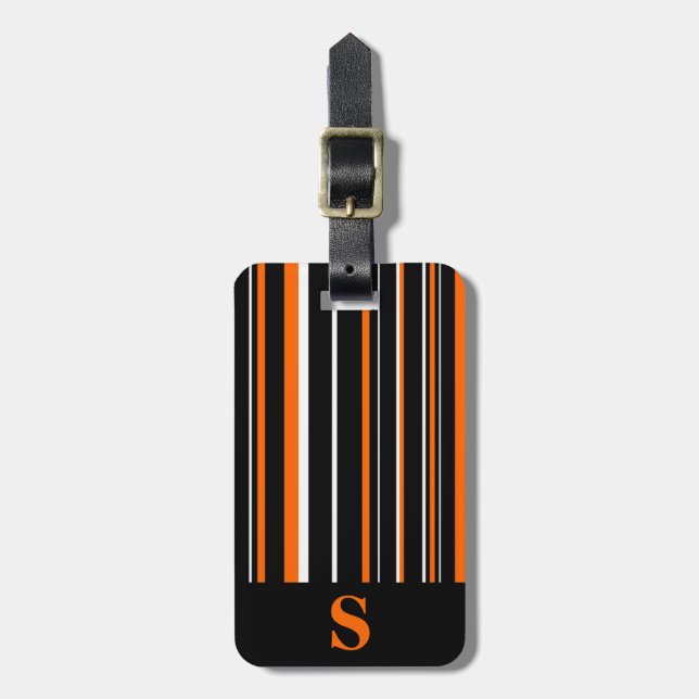 Monogram Black Orange Barcode Stripe Luggage Tag (Front Vertical)