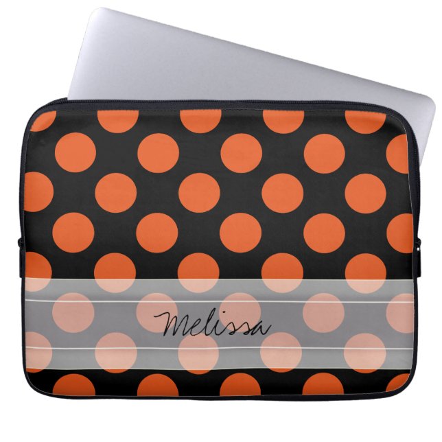 Monogram Black Orange Chic Polka Dot Pattern Laptop Sleeve (Front)