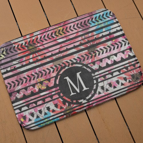 Monogram Black Pink Blue Aztec Floral Pattern Bathroom Mat