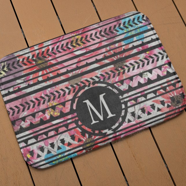 Monogram Black Pink Blue Aztec Floral Pattern Bathroom Mat (Creator Uploaded)